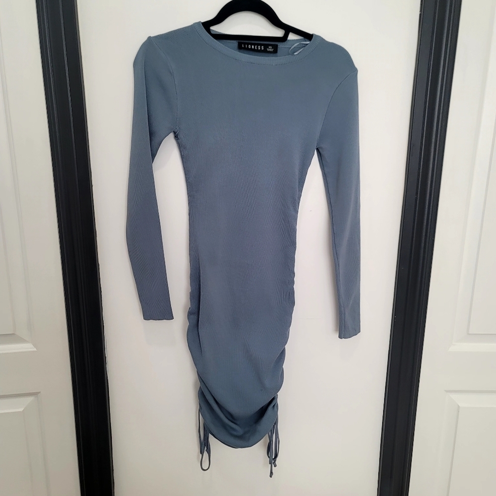 Lioness Blue Military Minds Ruched Mini Dress Size XS Long Sleeve Bodycon - Picture 10 of 17